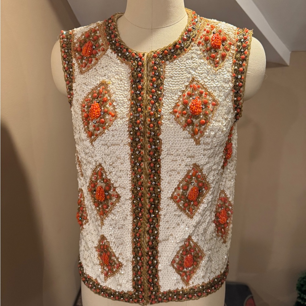 Embroidered Sleeveless Top - White and Orange